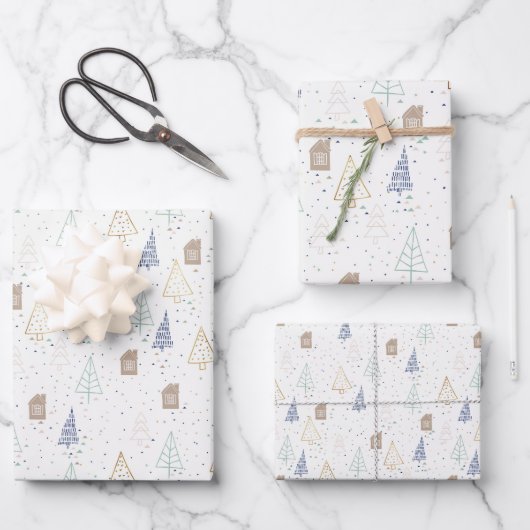 Boho Huis en Bomen Kerstmis Inpakpapier Vel (Voorkant)