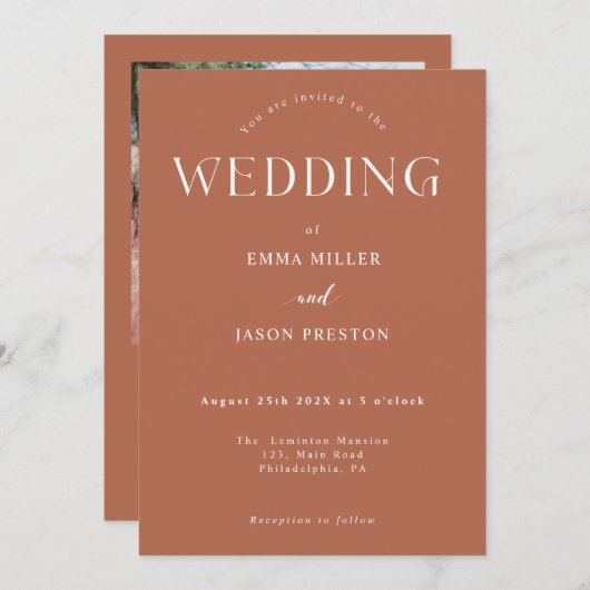 Boho-huwelijk terracotta met foto-uitnodiging kaart (Voorkant / Achterkant)