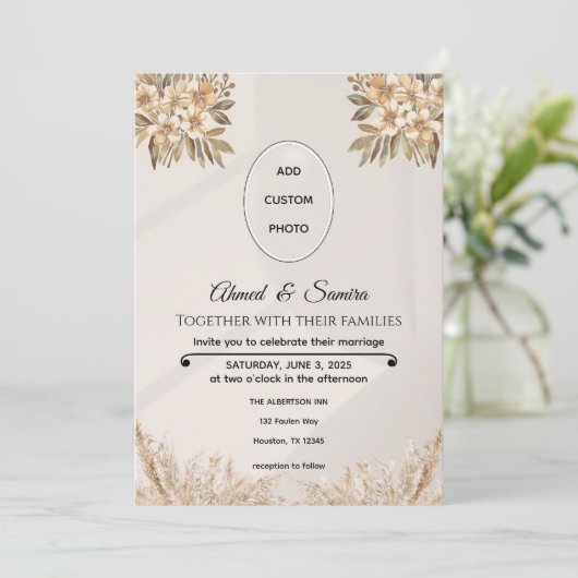 Boho Huwelijksuitnodiging – Elegante rustieke Bloe Kaart (Staand voorkant)