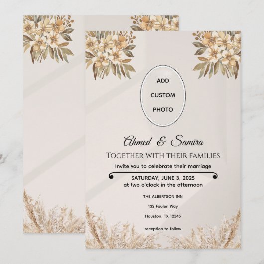 Boho Huwelijksuitnodiging – Elegante rustieke Bloe Kaart (Voorkant / Achterkant)