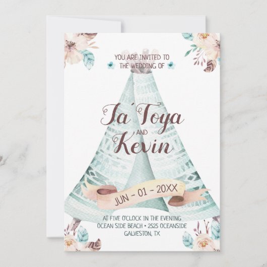 Boho Huwelijksuitnodiging Waterverf Floral Teepee Kaart (Voorkant)