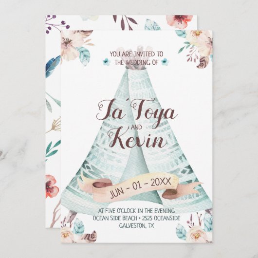 Boho Huwelijksuitnodiging Waterverf Floral Teepee Kaart (Voorkant / Achterkant)