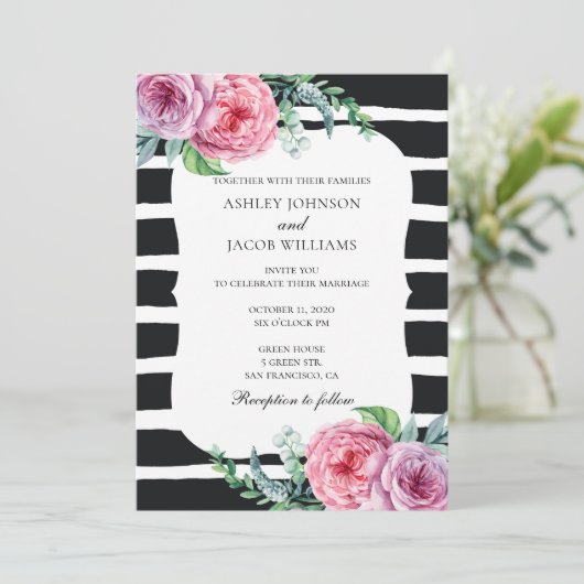 Boho huwelijksuitnodiging. Zwart-wit gestreept Kaart (Staand voorkant)