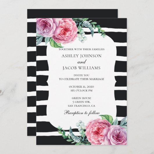 Boho huwelijksuitnodiging. Zwart-wit gestreept Kaart (Voorkant / Achterkant)