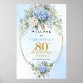 Boho Hydrangeas Gold Dusty Blue 80 birthday welcom Poster (Voorkant)