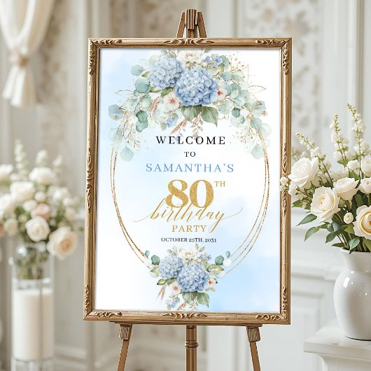 Boho Hydrangeas Gold Dusty Blue 80th birthday welc Poster