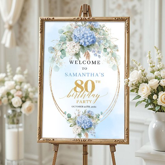Boho Hydrangea's Goud Stof Blauw 80 verjaardag wel Poster