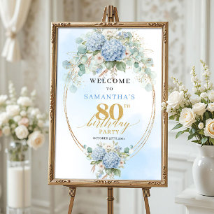 Boho Hydrangea's Goud Stof Blauw 80ste verjaardag Poster