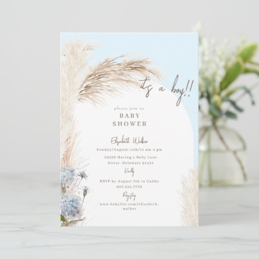 Boho Icy Blue Pampas Baby shower Kaart (Staand voorkant)