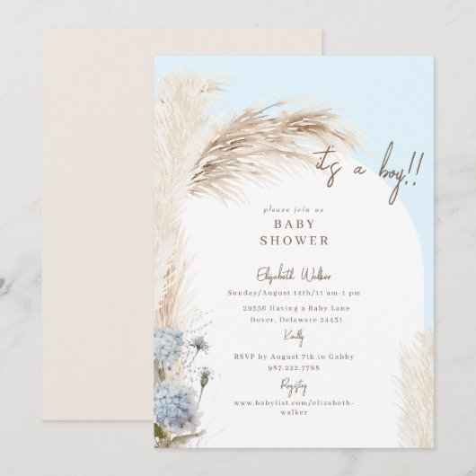 Boho Icy Blue Pampas Baby shower Kaart (Voorkant / Achterkant)