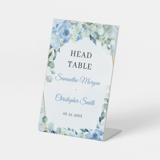 Boho IJsblauwe bloemeneucalyptus & gouden hoofdtaf Reclamebord Met Voetstuk (Voorkant)