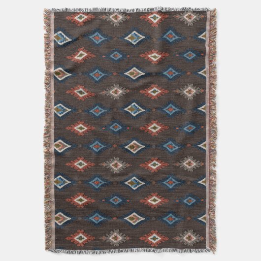 Boho Ikat Gooi Deken – Aardbruin met Koraal (Voorkant Verticaal)