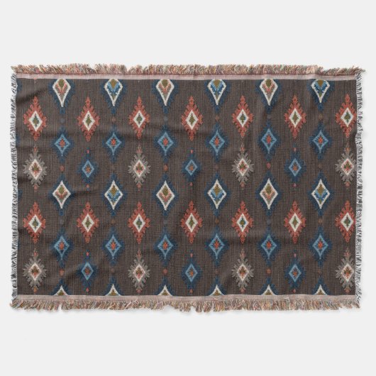 Boho Ikat Gooi Deken – Aardbruin met Koraal (Voorkant)
