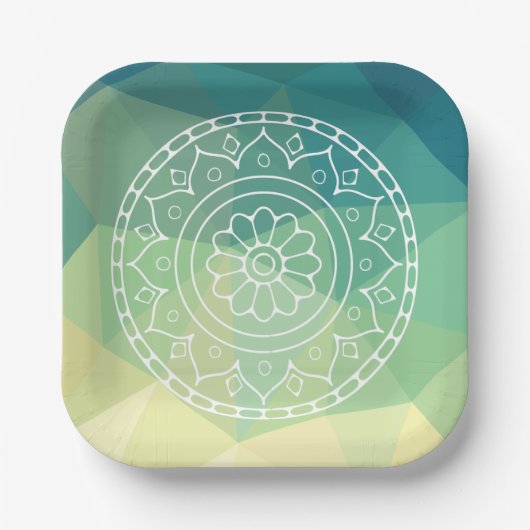 Boho india mandala bloem groen geel ontwerp papieren bordje (Voorkant)