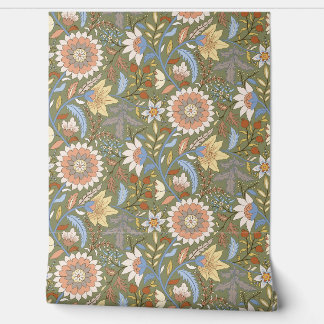 Boho Indische bloemen met olijfgroene achtergrond Behang
