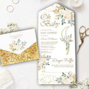 Boho Ivoor Bloem Gouden Halve Maan Baby Shower All In One Uitnodiging