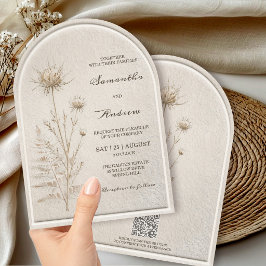 Boho Ivoor Pampas Boog Bruiloft met QR Code RSVP Kaart