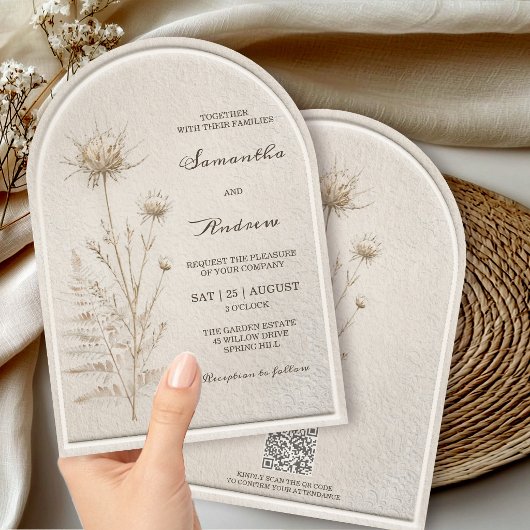 Boho Ivoor Pampas Boog Bruiloft met QR Code RSVP Kaart