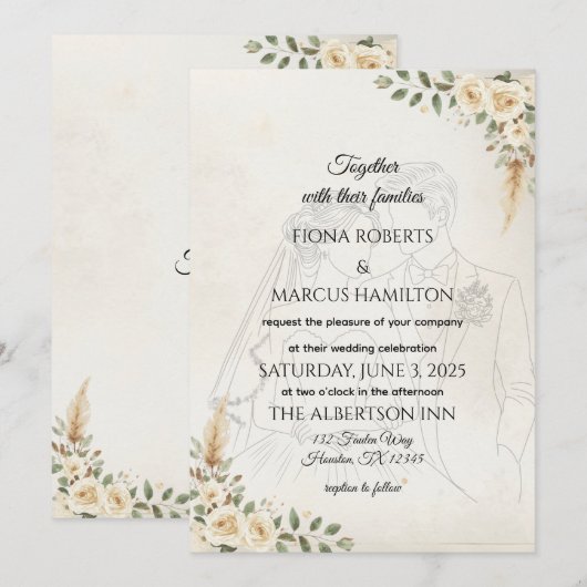 Boho Ivoor Rozen & Pampas Grass Wedding Save The Date (Voorkant / Achterkant)