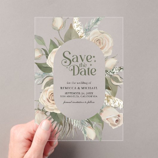 Boho Ivoor Rozen Sage Green Wedding Save the Date Acryl Uitnodigingen (Insitu (Draagbaar))