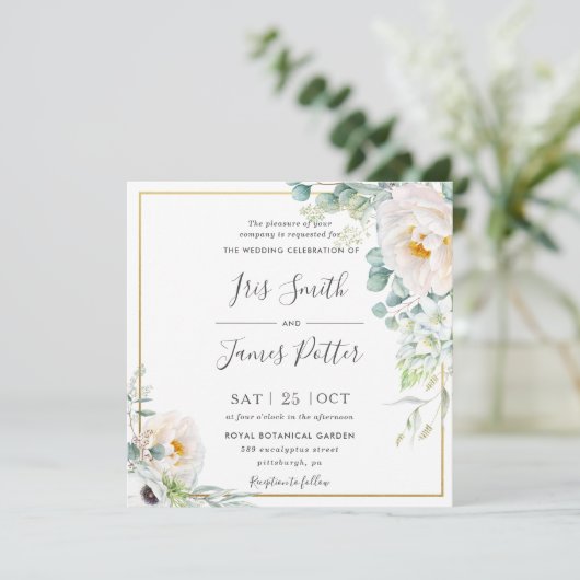 Boho Ivoor Witte Pioen Bloemen Eucalyptus Bruiloft Kaart (Staand voorkant)