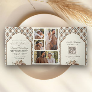Boho Ivoorkleurig Beige Ikat Fotocollage Indische Drieluik Uitnodiging