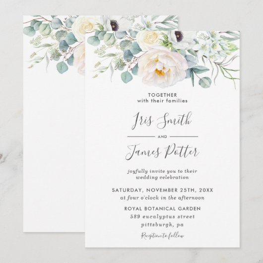 Boho Ivory Anemone Peony Floral Greenery Wedding Kaart (Voorkant / Achterkant)