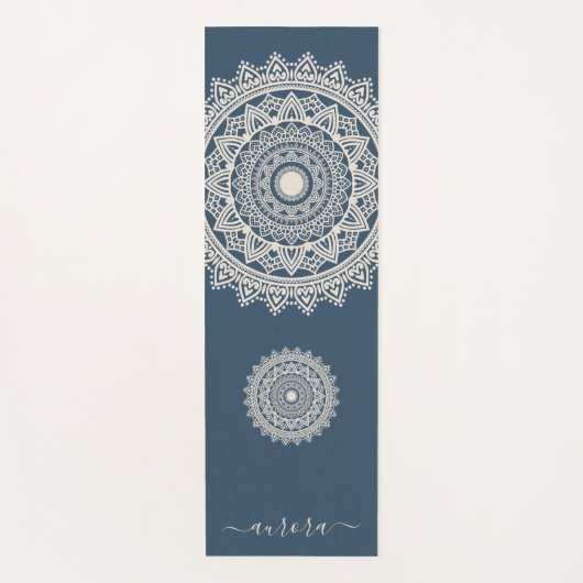 Boho Ivory Mandala op Blue Custom Name Yogamat (Voorkant)