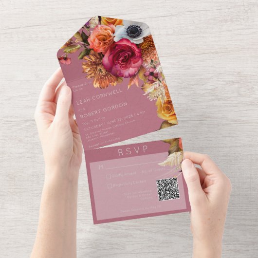 Boho Jewel & Roze Floral QR-code All In One Uitnodiging (Afscheurbaar)