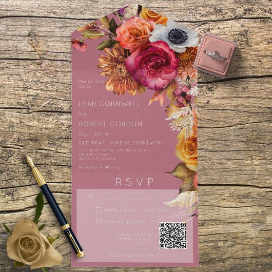 Boho Jewel & Roze Floral QR-code All In One Uitnodiging