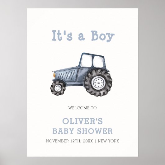 Boho Jongen Waterverf Tractor Baby Shower Welkom Poster (Voorkant)