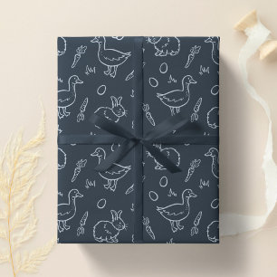 Boho Jongens Pasen Cute Bunny Konijn Gans Donkerbl Cadeaupapier