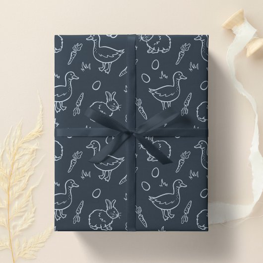 Boho Jongens Pasen Cute Bunny Konijn Gans Donkerbl Cadeaupapier