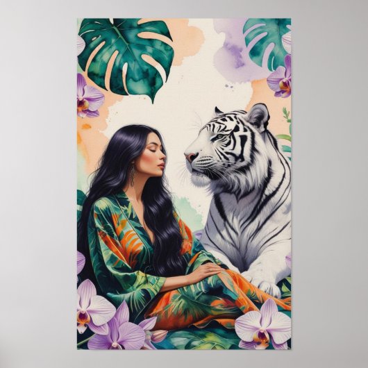 Boho Jungle Droomlandschap Witte Tijger & Vrouw Poster (Voorkant)