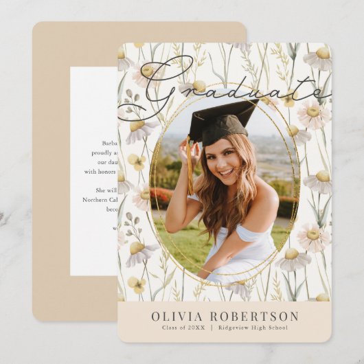 Boho kamille foto Afstuderen aankondiging (Voorkant / Achterkant)