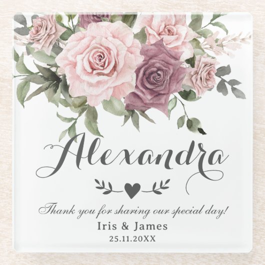 Boho kaneel Roos Blush Roze Bloemen Bruiloft Glazen Onderzetter (Voorkant)