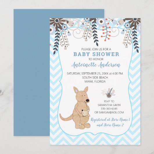 Boho Kangaroo Waterverf Floral Boy Baby shower Kaart (Voorkant / Achterkant)