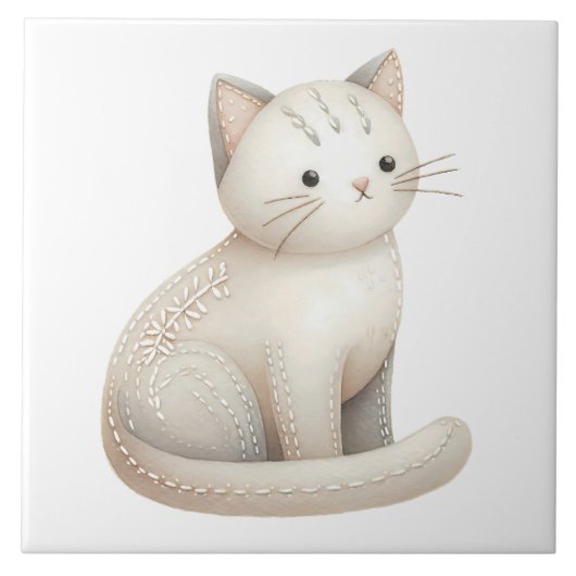Boho Kat Keramische Tegel Geborduurde Beige Kat Tegeltje (Voorkant)