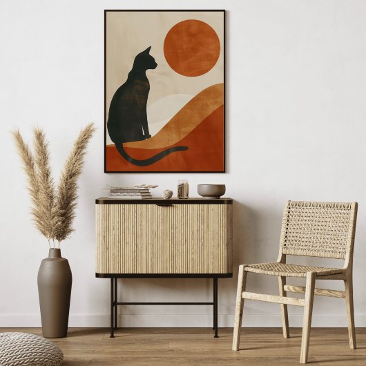 Boho Kat Silhouet | Zonsondergang Abstract Minimal Canvas Afdruk