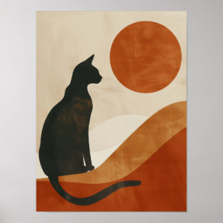 Boho Kat Silhouet | Zonsondergang Abstract Minimal Poster