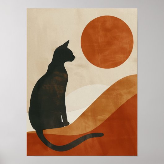 Boho Kat Silhouet | Zonsondergang Abstract Minimal Poster (Voorkant)