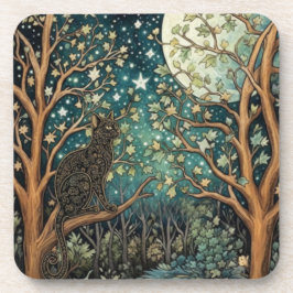 Boho kat sterrenhemel boslandschap bier onderzetter