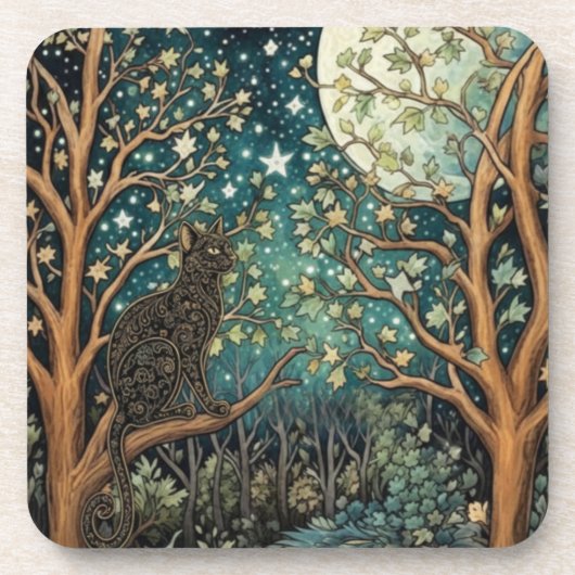 Boho kat sterrenhemel boslandschap bier onderzetter (Voorkant)