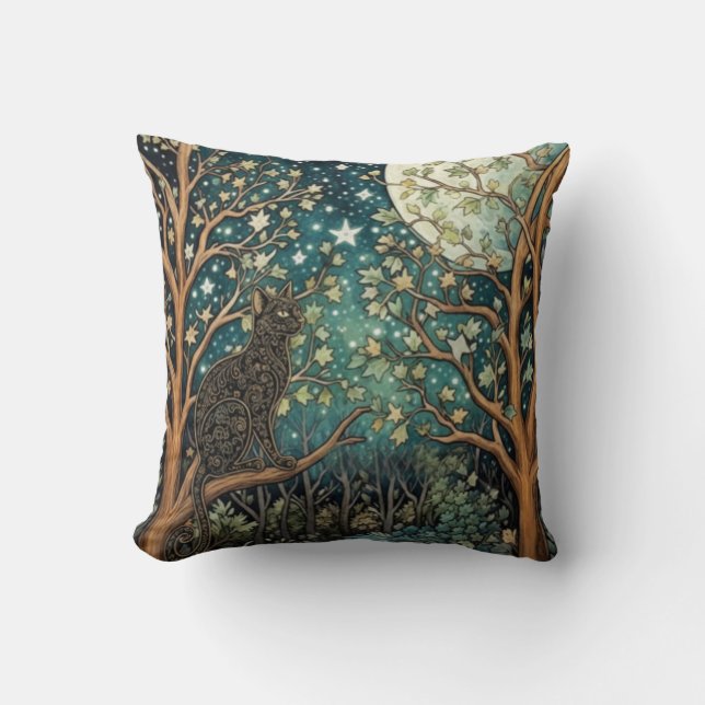 Boho kat sterrenhemel boslandschap kussen (Voorkant)