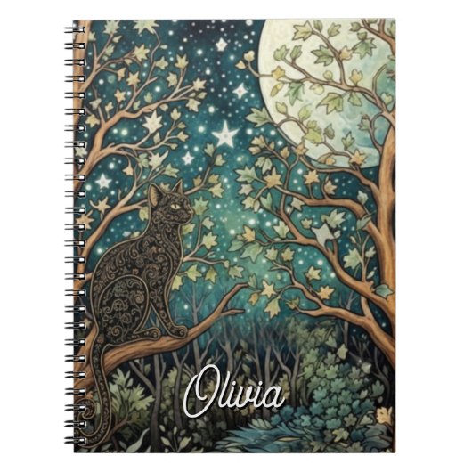 Boho kat sterrenhemel boslandschap notitieboek (Voorkant)