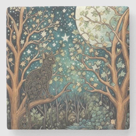 Boho kat sterrenhemel boslandschap stenen onderzetter (Voorkant)