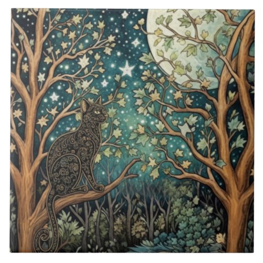 Boho kat sterrenhemel boslandschap tegeltje (Voorkant)