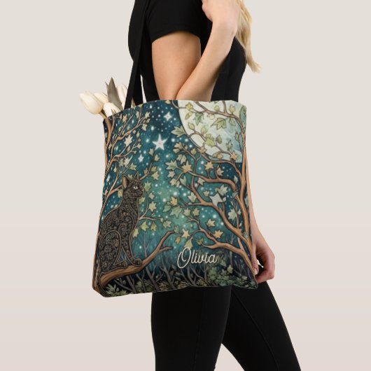 Boho kat sterrenhemel boslandschap tote bag (Dichtbij)