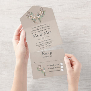 Boho katoen en eucalyptus bruiloft all in one uitnodiging