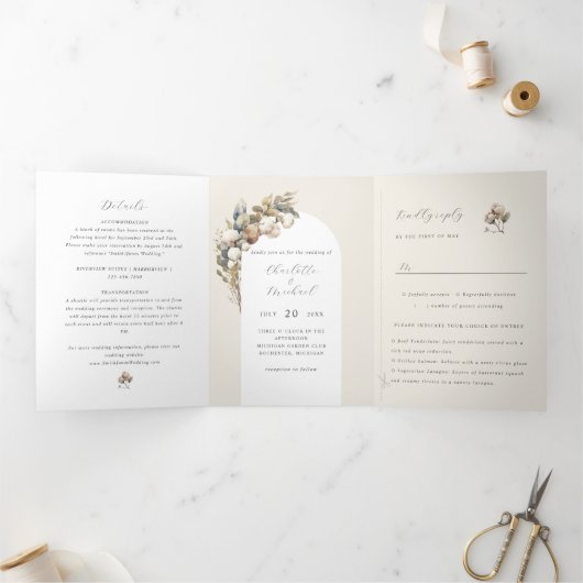 Boho katoen en eucalyptus drieluik uitnodiging (Binnen)